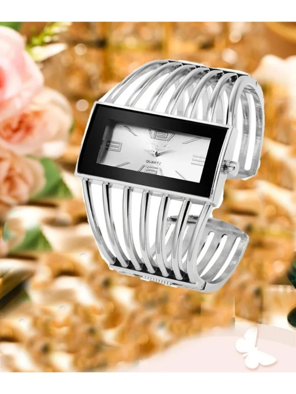 Women's Silver White Luxury Rectangular Case Analog Quartz Fashion Wrist Watch